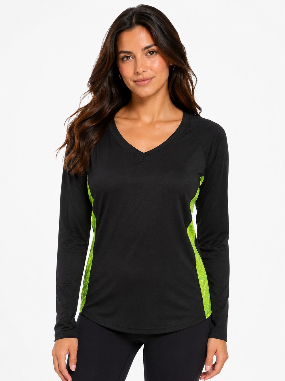 Game Time Black Long Sleeve V-Neck Top with Neon Green Panels